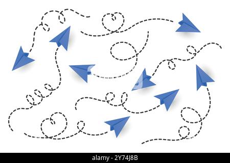 Vector Realistic Blue Paper Planes Collection. Symbolgruppe „Papierebene“. Herzförmiges fliegendes Papierflugzeug mit gepunktetem Luftweg. Blaues Papier Ebenen mit Stock Vektor