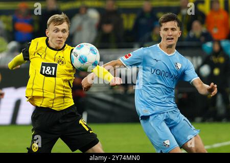 Dortmund, Deutschland. September 2024. Maximilian Beier (L) von Borussia Dortmund streitet mit Tim Oermann vom VfL Bochum während des ersten Liga-Fußballspiels zwischen Borussia Dortmund und VfL Bochum in Dortmund, 27. September 2024. Quelle: Joachim Bywaletz/Xinhua/Alamy Live News Stockfoto