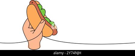 Handgriff Hotdog eine Linie farbige kontinuierliche Zeichnung. Amerikanisches Fast Food. Lineare Vektordarstellung. Stock Vektor