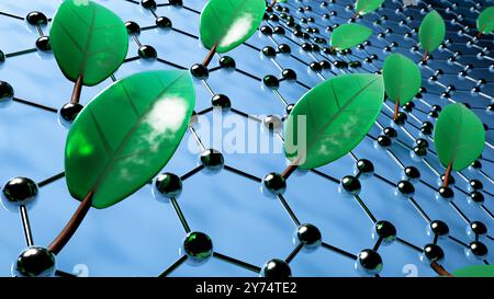 Konzeptuelle Darstellung grüner Nanomaterialien. Grüne Nanomaterialien sind umweltfreundlich und nachhaltig, werden häufig aus erneuerbaren Ressourcen gewonnen und bergen in verschiedenen Branchen wie Biomedizin, Elektronik und Umweltwissenschaften ein erhebliches Potenzial. Stockfoto