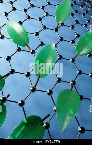 Konzeptuelle Darstellung grüner Nanomaterialien. Grüne Nanomaterialien sind umweltfreundlich und nachhaltig, werden häufig aus erneuerbaren Ressourcen gewonnen und bergen in verschiedenen Branchen wie Biomedizin, Elektronik und Umweltwissenschaften ein erhebliches Potenzial. Stockfoto