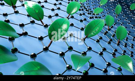 Konzeptuelle Darstellung grüner Nanomaterialien. Grüne Nanomaterialien sind umweltfreundlich und nachhaltig, werden häufig aus erneuerbaren Ressourcen gewonnen und bergen in verschiedenen Branchen wie Biomedizin, Elektronik und Umweltwissenschaften ein erhebliches Potenzial. Stockfoto