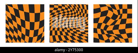 Karomuster für Halloween. Psychedelisches Schachbrett. Groovige orangefarbene Hintergründe. Hippie-Hintergrund. Y2K-Ästhetik. Illustration des Retro-Vektors. Satz von Stock Vektor