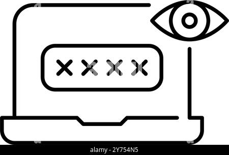 Laptop mit Passworteingabefeld und Auge. Sicherer Zugriff auf Computerdaten. Sichtbarkeit der Kennworteingabe. Pixelperfektes, bearbeitbares Konturvektorsymbol Stock Vektor