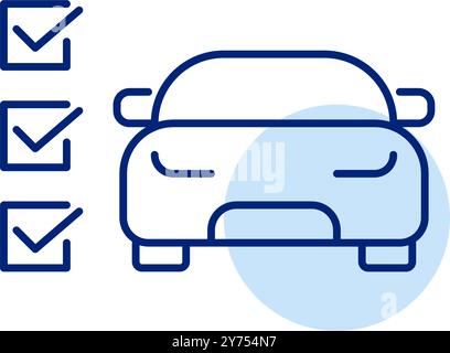 Fahrzeug und Liste der Häkchen. Fahrzeuginspektion oder Wartungsprüfung. Pixelperfektes, bearbeitbares Konturvektorsymbol Stock Vektor