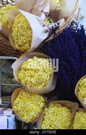 Ein wunderschönes und farbenfrohes Arrangement getrockneter Blumen in dekorativen Papierverpackungen Stockfoto