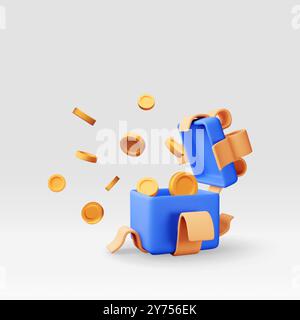 3D-blaue Geschenkbox voller Goldmünzen Stock Vektor