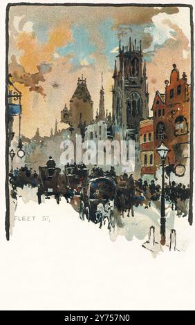 Vintage-Postkarte aus der edwardianischen Ära einer geschäftigen Fleet Street in London. Stockfoto