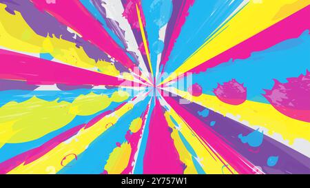 Buntes und lustiges abstraktes Hintergrunddesign, das von der Mitte ausstrahlt. Leuchtendes, leuchtendes, radiales Burst-Muster mit chaotischen Farbspritzern Stock Vektor
