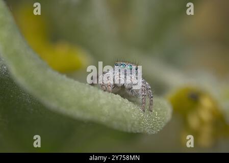 Porträt einer männlichen Pfauenspinne (Maratus speciosus - die Küstenpfauenspinne) Stockfoto