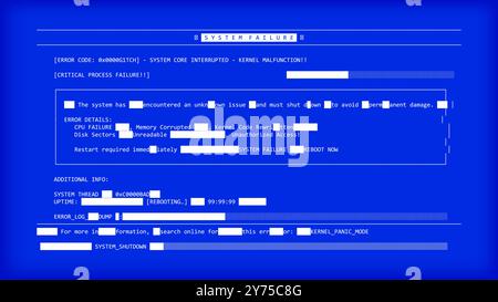 Computerfehlerbildschirm Meldung blauer Bildschirm mit blockartigen Textfragmenten und Zeichenverzerrungen Stock Vektor