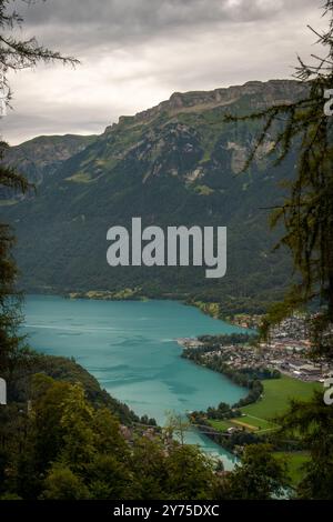 Fantastischer Blick aus der Luft auf die Stadt und die Natur von der Spitze von Interlaken, Harder Kulm, Schweiz Stockfoto