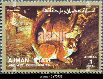 Abgesagte Briefmarke gedruckt von Ajman, die Buschbaby (Familie: Galagidae) zeigt, um 1973. Stockfoto