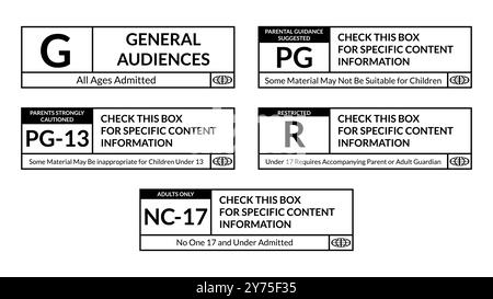 Filmbewertungssystem Aufkleber Set, schwarz-weiße Vektorgrafik Stock Vektor