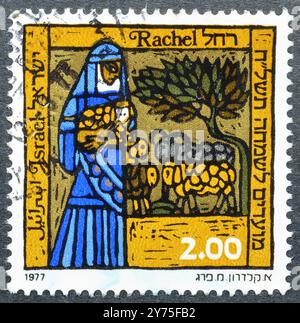 Gestempelte Briefmarke, gedruckt von Israel, die die Matriarchen der Bibelfrauen zeigt: Rachel, um 1977. Stockfoto