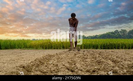 Bauern von Bangladesch. Ein Landwirt bewirtschaftet den Boden durch Bodenbearbeitung. Reisfeld dahinter. Das Foto wurde am 23. Oktober 2023 aus Khulna Ba aufgenommen Stockfoto