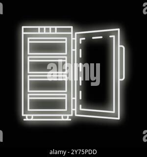 Leuchtend weißes Neonsymbol eines Kühlschranks mit offener Tür auf schwarzem Hintergrund Stock Vektor