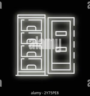 Weißes leuchtendes Neonschranksymbol isoliert auf schwarzem Hintergrund. Vektor Stock Vektor