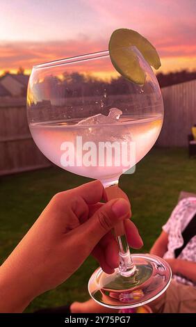 Cocktailglas bei rosa Sonnenuntergang Stockfoto