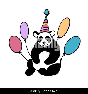 Handgezeichnete Illustration eines Pandabären, der Geburtstagsparty mit Ballons hat. Lustiger Cartoon einfache minimalistische Karte Glückwunschdruck, perfekt für Kinder Kinder, süßes flauschiges Tier schwarz weiß bunte Kunst Stockfoto