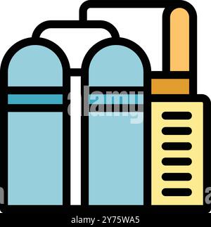 Dieses ikonische Design verfügt über ein Industriegebäude mit Lagertanks, Rohren und einem Bedienfeld in einem farbenfrohen und modernen Stil Stock Vektor