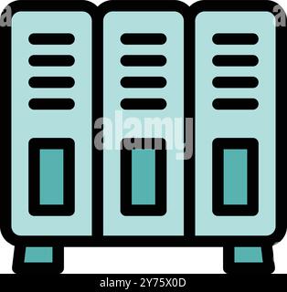 Eine Reihe von drei Metallschränken für Schulen mit Lüftungsschlitzen und Schlössern, die häufig in Schulfluren für die Unterbringung von Schülern gefunden werden Stock Vektor