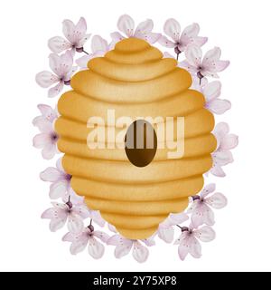 Bienenstock-Aquarell. Hand gezeichnetes Bienenhaus mit Blumen auf isoliertem weißem Hintergrund. Clip-Art von Hummelbewohnern. Ideal für das Design von Honiggeschäften Stockfoto