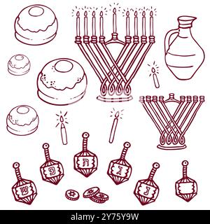 Traditionelle Hanukkah-Symbole Setzen Doodle-Stil Stockfoto