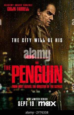 The Penguin (2024) TV-Miniserie von Lauren LeFranc, Regie: Craig Zobel, mit Colin Farrell als Oswald Cobblepot, alias der Penguin, der ein Stück macht, um die Kontrolle über Gothams Kriminalwelt zu übernehmen. Werbeplakat ***NUR REDAKTIONELLE VERWENDUNG***. Quelle: BFA/HBO Max Stockfoto