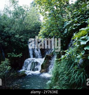 Wasserfall im Nationalpark Plitvicer gesehen in der Region Kroatien, Jugoslawien um 1981. Stockfoto