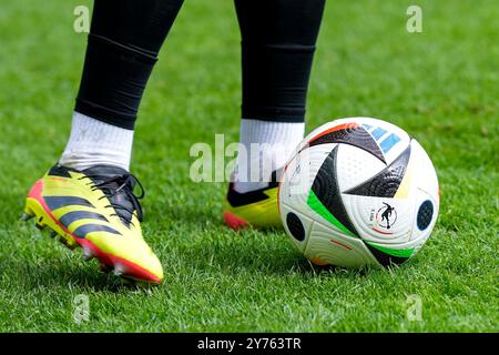 Mannheim, Deutschland. September 2024. Ein Ball der Marke adidas Fussballliebe Pro, Competition Ball liegt auf dem Rasen, Offizieller Spielball, offizieller Match Ball, Symbolfoto, Symbolbild, Symbol, 28.09.2024, Mannheim (Deutschland), Fussball, 3. Liga, SV Waldhof Mannheim - Rot-Weiss Essen, DFB/DFL-VORSCHRIFTEN VERBIETEN DIE VERWENDUNG VON FOTOGRAFIEN ALS BILDSEQUENZEN UND/ODER QUASI-VIDEO. Quelle: dpa/Alamy Live News Stockfoto