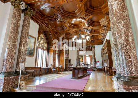 Moszna Castle, Palastgebäude innen Weitwinkel-Aufnahme riesiger Raum mit dekorativer Decke, Säulen und großen Fenstern, niemand, innen, Innenansicht. Hallo Stockfoto
