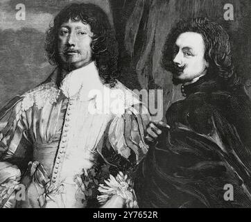 Endymion Porter und Anthony van Dyck. Kupferstich von Bernardo Rico (1825–1894) nach dem Gemälde von Anton Van Dyck (1599–1641) um 1633. Endymion Porter (1587–1649), Van Dycks Unterstützer und Freund, war Sekretär des Duke of Buckingham und ein renommierter Diplomat am englischen Hof. Porter ist in weißem Satin dargestellt. Van Dyck, schwarz gekleidet, stellte sich in Profil und kürzer dar, um sich nicht von einem Mitglied der Aristokratie abzuheben. Details. La Ilustración Española y Americana (die spanische und amerikanische Illustration), 29. Februar 1884. Stockfoto