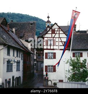 Traditionelle Häuser in Stein am Rhein, Schweiz um 1983. Stockfoto