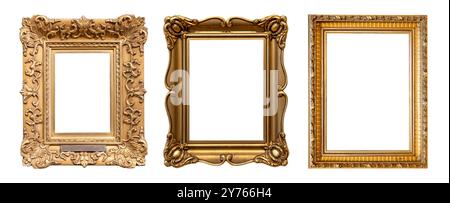 Set aus drei verschiedenen leeren leeren altmodischen goldenen Bilderrahmen antik schicke ornamentale Ausschnitte stilvolle vertikale goldene Bilderrahmen ist Stockfoto