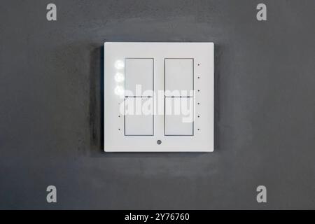 Weiße, moderne, intelligente Lichtszene mit 4 Tasten an einer grauen Wand, Vorderansicht des Objekts, Frontalaufnahme, Details im Innenraum des Gebäudes Niemand Umschalten der Beleuchtung sce Stockfoto