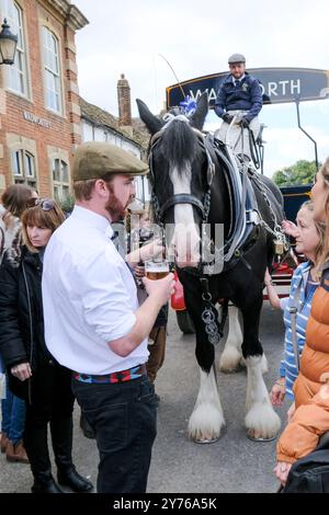 Lacock;, Großbritannien. September 2024. Traditionelle Bierlieferung. Das Red Lion Inn in Lacock hat heute einige besondere Besucher. Die Wadworth Brewery liefert Bier auf traditionelle Weise in die Pubs in der Nähe der Brauerei, mit einem Wagen oder einer Dray, der von einem prächtigen Pferd gezogen wird, aber manchmal nimmt das Team mit dem LKW einen Besuch in ihren Lieblings-Pubs in Wiltshire. Unberührtes Lacock Village ist ein beliebtes Filmset, das in den Filmen Downton Abbey und Harry Potter zu sehen war. Quelle: Mr Standfast/Alamy Live News Stockfoto