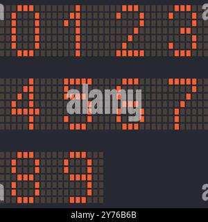 Digitale Zahlen 0-9, orangefarbene LED und dunkler Hintergrund, Vektorillustration Stock Vektor