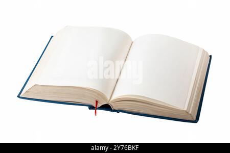 Einfaches blaues, dickes Buch mit leeren weißen leeren Seiten, Modellvorlage für eigene Textbilder, Winkel, niemand, isolierter Ausschnitt. Bildung Stockfoto