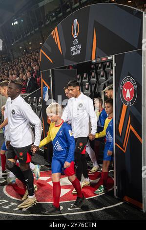 Herning, Dänemark. September 2024. Dario Osorio vom FC Midtjylland tritt in der MCH Arena in Herning für das Spiel der UEFA Europa League zwischen dem FC Midtjylland und TSG Hoffenheim ein. Stockfoto