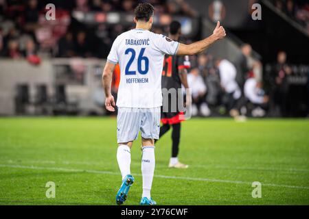 Herning, Dänemark. September 2024. Haris Tabakovic (26) aus Hoffenheim war während des Spiels der UEFA Europa League zwischen dem FC Midtjylland und TSG Hoffenheim in der MCH Arena in Herning zu sehen. Stockfoto