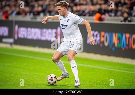 Herning, Dänemark. September 2024. Marius Bulter (21) aus Hoffenheim war während des Spiels der UEFA Europa League zwischen dem FC Midtjylland und TSG Hoffenheim in der MCH Arena in Herning zu sehen. Stockfoto