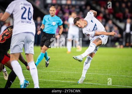 Herning, Dänemark. September 2024. Adam Hlozek (23) Hoffenheim während des Spiels der UEFA Europa League zwischen dem FC Midtjylland und TSG Hoffenheim in der MCH Arena in Herning. Stockfoto