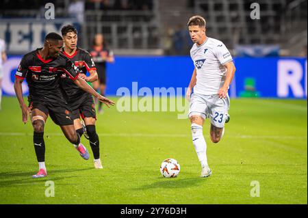 Herning, Dänemark. September 2024. Adam Hlozek (23) Hoffenheim während des Spiels der UEFA Europa League zwischen dem FC Midtjylland und TSG Hoffenheim in der MCH Arena in Herning. Stockfoto