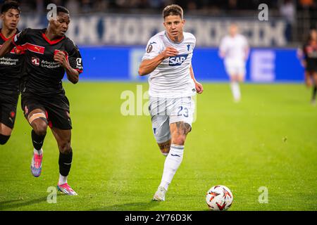 Herning, Dänemark. September 2024. Adam Hlozek (23) Hoffenheim während des Spiels der UEFA Europa League zwischen dem FC Midtjylland und TSG Hoffenheim in der MCH Arena in Herning. Stockfoto