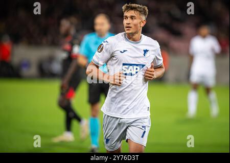 Herning, Dänemark. September 2024. Tom Bischof (7) von Hoffenheim war beim Spiel der UEFA Europa League zwischen dem FC Midtjylland und TSG Hoffenheim in der MCH Arena in Herning zu sehen. Stockfoto