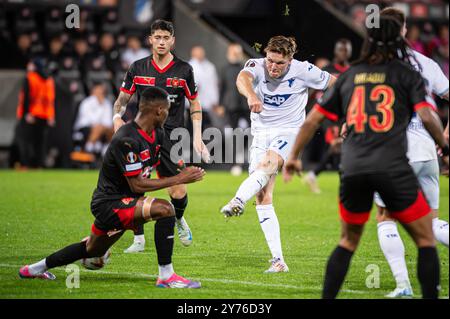 Herning, Dänemark. September 2024. Marius Bulter (21) aus Hoffenheim war während des Spiels der UEFA Europa League zwischen dem FC Midtjylland und TSG Hoffenheim in der MCH Arena in Herning zu sehen. Stockfoto
