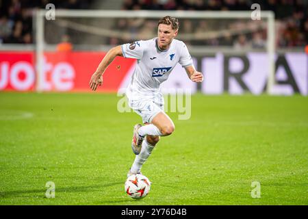 Herning, Dänemark. September 2024. Marius Bulter (21) aus Hoffenheim war während des Spiels der UEFA Europa League zwischen dem FC Midtjylland und TSG Hoffenheim in der MCH Arena in Herning zu sehen. Stockfoto