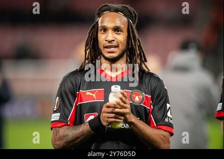 Herning, Dänemark. September 2024. Kevin Mbabu vom FC Midtjylland wurde nach dem Spiel der UEFA Europa League zwischen dem FC Midtjylland und TSG Hoffenheim in der MCH Arena in Herning gesehen. Stockfoto