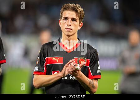 Herning, Dänemark. September 2024. Valdemar Byskov vom FC Midtjylland wurde nach dem Spiel der UEFA Europa League zwischen dem FC Midtjylland und TSG Hoffenheim in der MCH Arena in Herning gesehen. Stockfoto